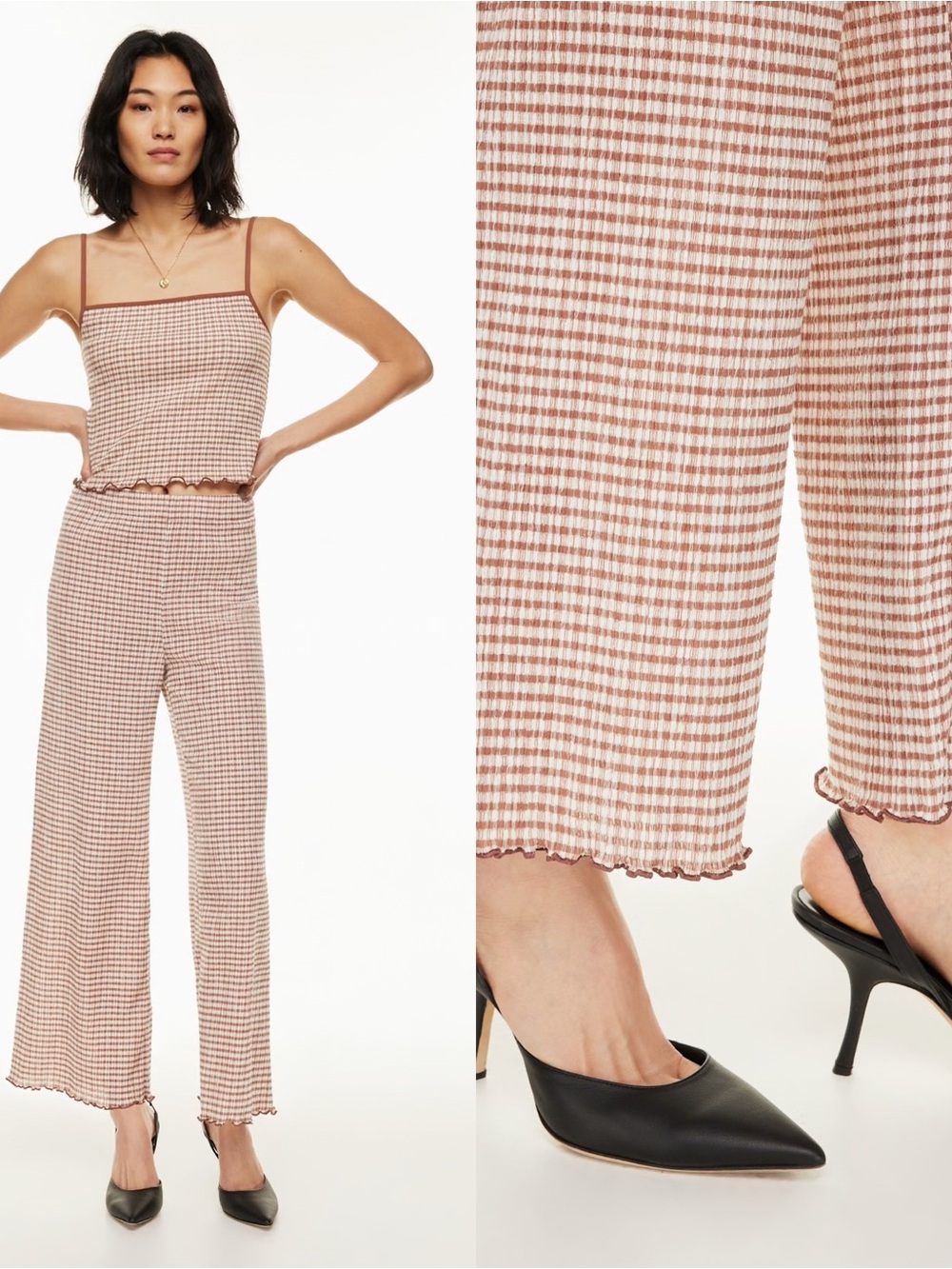 Wilfred Aritzia Verona Pink Tan Textured Seersucker Lettuce Trim Pants Large